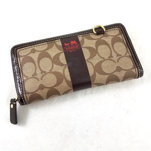 Coach Logo Signature Brown Zip Around Long Wallet Credit Cards Coin Pocket